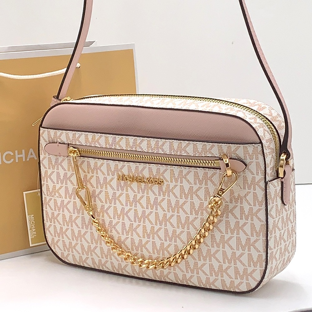 MICHAEL KORS LARGE EAST WEST ZIP CHAIN XBODY OPTIC WHITE ROSE GOLD COLOR - Picture 2 of 16